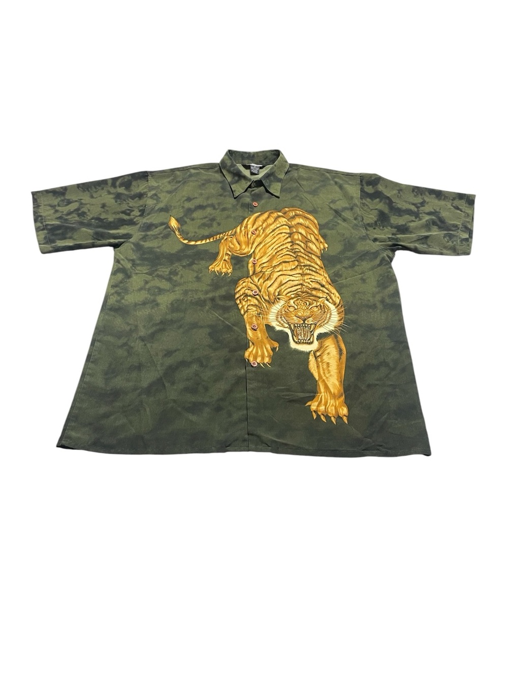 Million Guy Roaring Tiger Print Green Short-Sleeve Button-Down Shirt Vintage Y2K